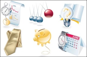Objects - Bulbs, ties, watches, desk calendar, notebook, seals, pen 
