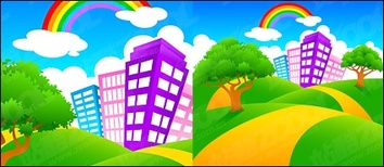 Buildings - City on green hill rainbow 