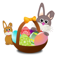 Cartoon - Funny bunny face with Easter eggs in a basket with baby rabbit 