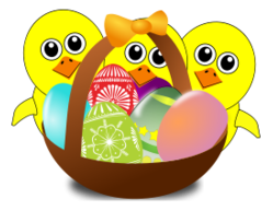 Cartoon - Funny Chicks Cartoon with Easter eggs in a basket 