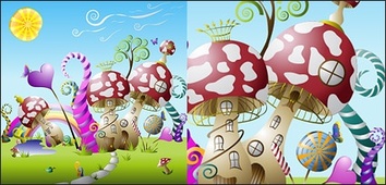 Flowers & Trees - Mushrooms Cute fairy-tale world vector material 