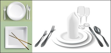 Objects - Plate, plates, chopsticks, knife, fork, red glasses, cups, utensils 