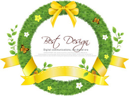 Ornaments - Realistic Circle Grass Frame with Yellow Ribbon 