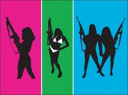 Shadow illustrations of bikini clad women with automatic weapons. Preview