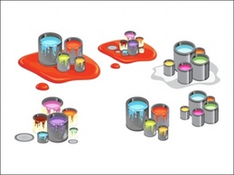 Single paint cans filled with several different bright and fresh colors and some paint cans ...