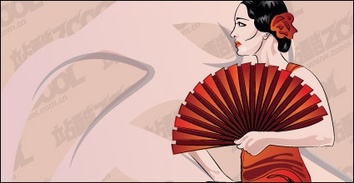 Human - Woman holding folding fan Vector material 